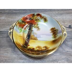 Nippon Hand Painted Fall Scenery Bowl Gold rimmed With Handles